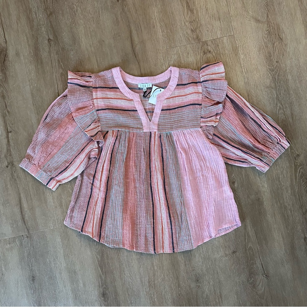 Lila Li Pink and Navy Ruffled Top with Balloon Sleeves.
